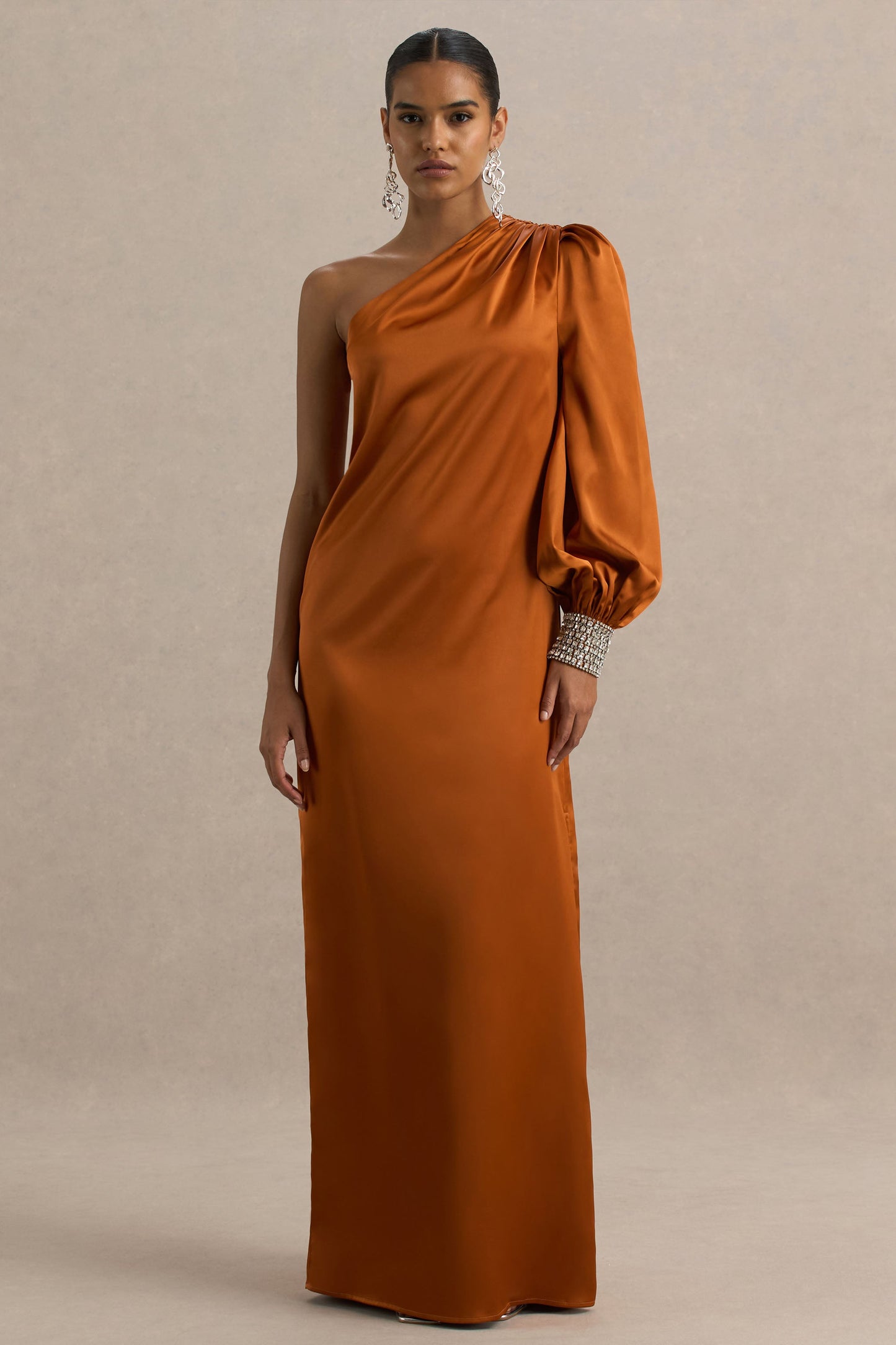 Thelma | Orange Satin Asymmetric Maxi Dress With One-Sleeve