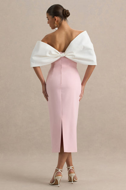 Lucille | Rose & Pink Asymmetric Bardot Midi Dress With Bow Detail