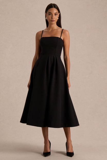 Thalia | Black High-Neck Midi Dress With Sheer Mesh Cape