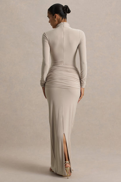 Myra | Champagne High-Neck Maxi Dress With Sash and Ruched Detailing
