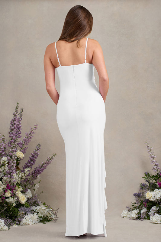 Susan | White Maternity Bandeau Ruffle Maxi Dress With Thigh Splits