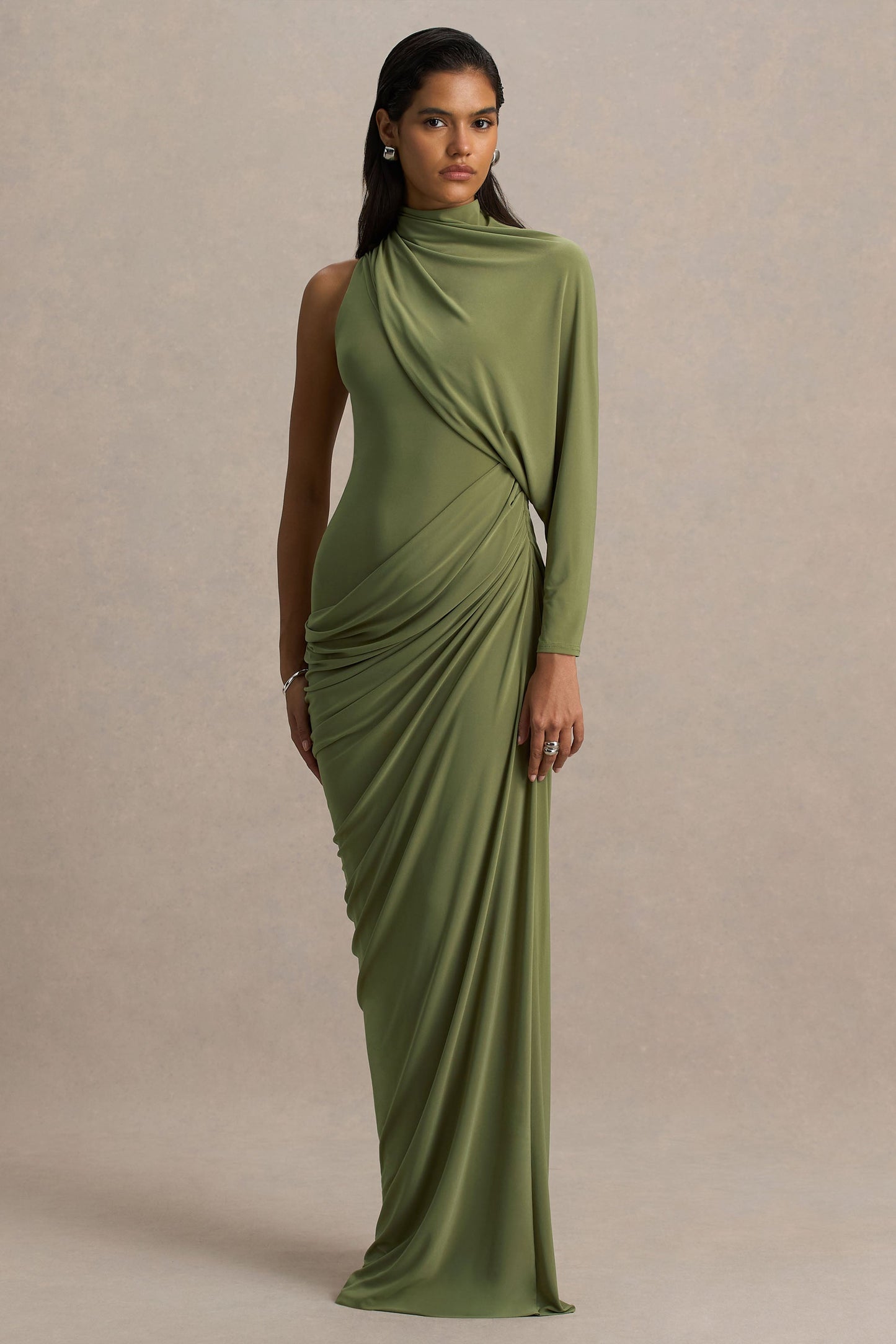 Aphra | Green High-Neck Maxi Dress With Cape-Sleeve