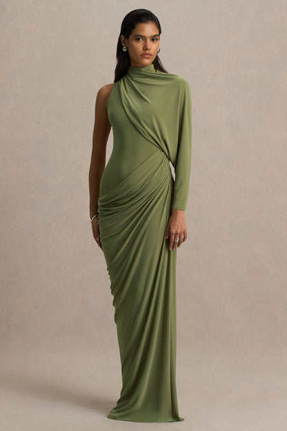Aphra | Green High-Neck Maxi Dress With Cape-Sleeve