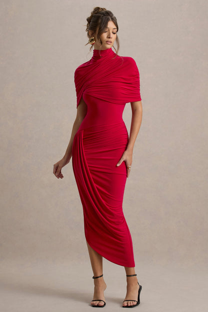 Enchant | Red Asymmetric Twisted Cape Midi Dress