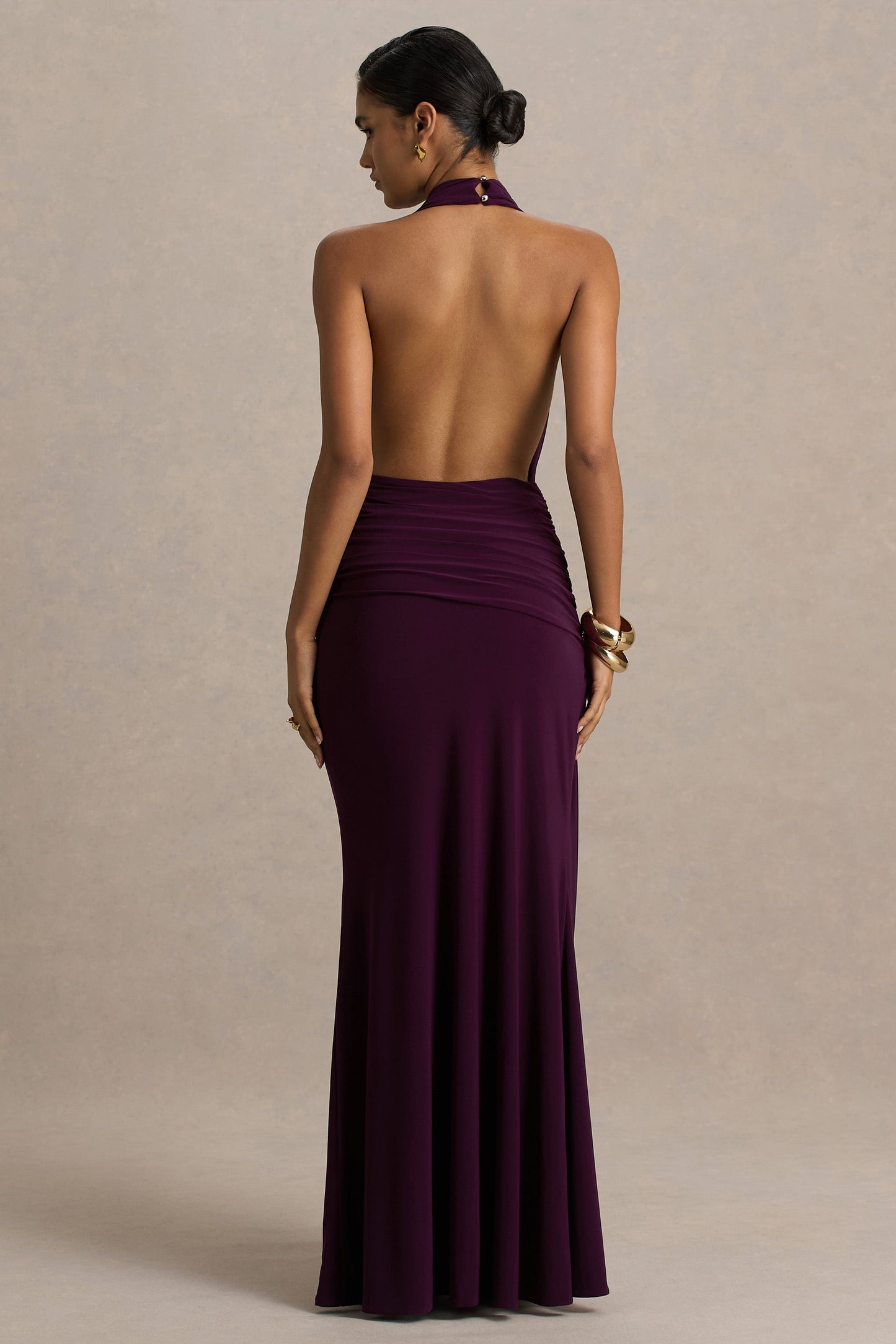 Tilly | Burgundy Extreme Plunge-Neck Maxi Dress With Wrap And Ruched Details