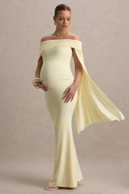 Aquila | Lemon Bardot Maternity Maxi Dress With Draped Detail