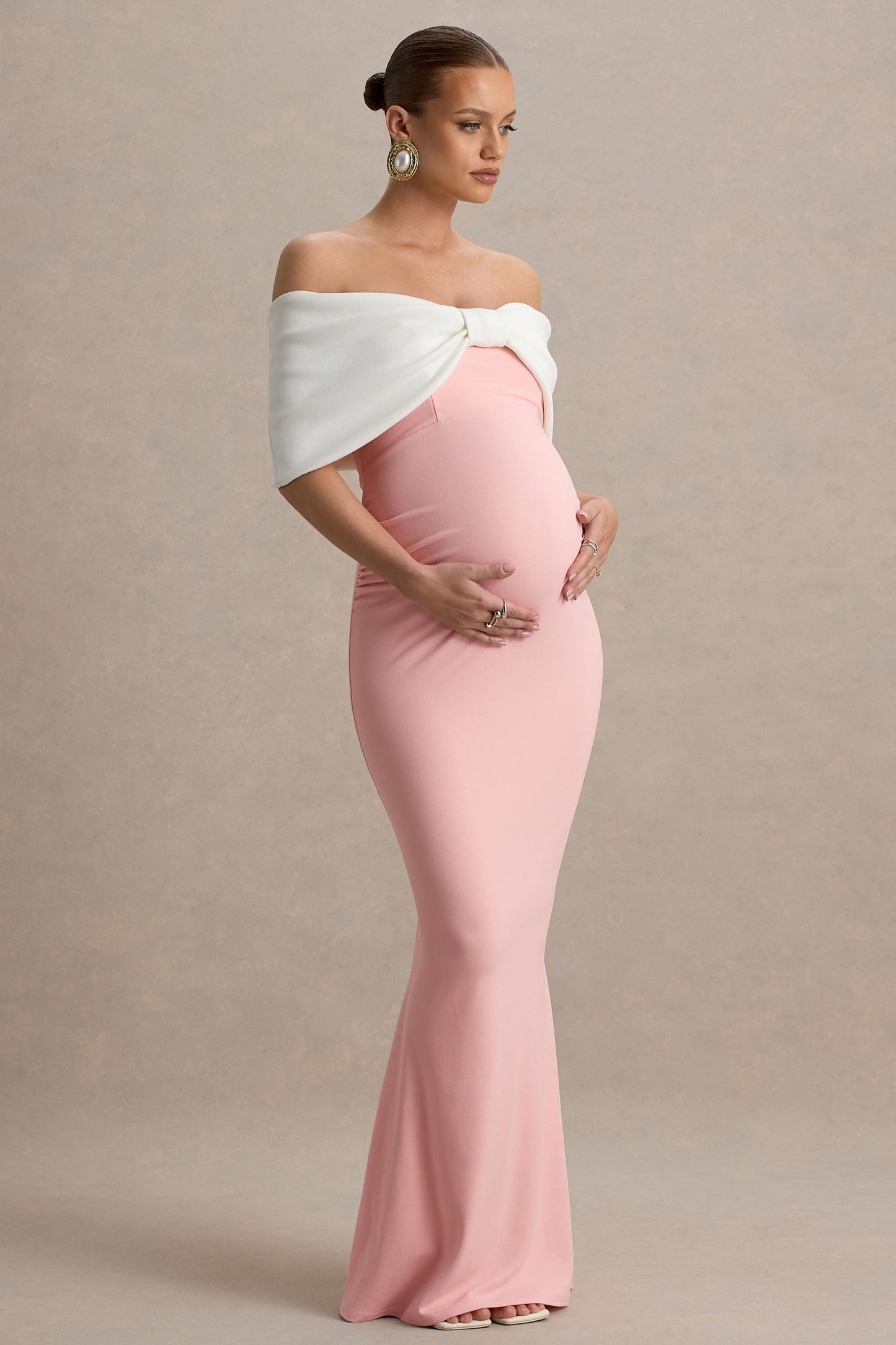 Libra | Pink & White Bow Bardot Maternity Maxi Dress