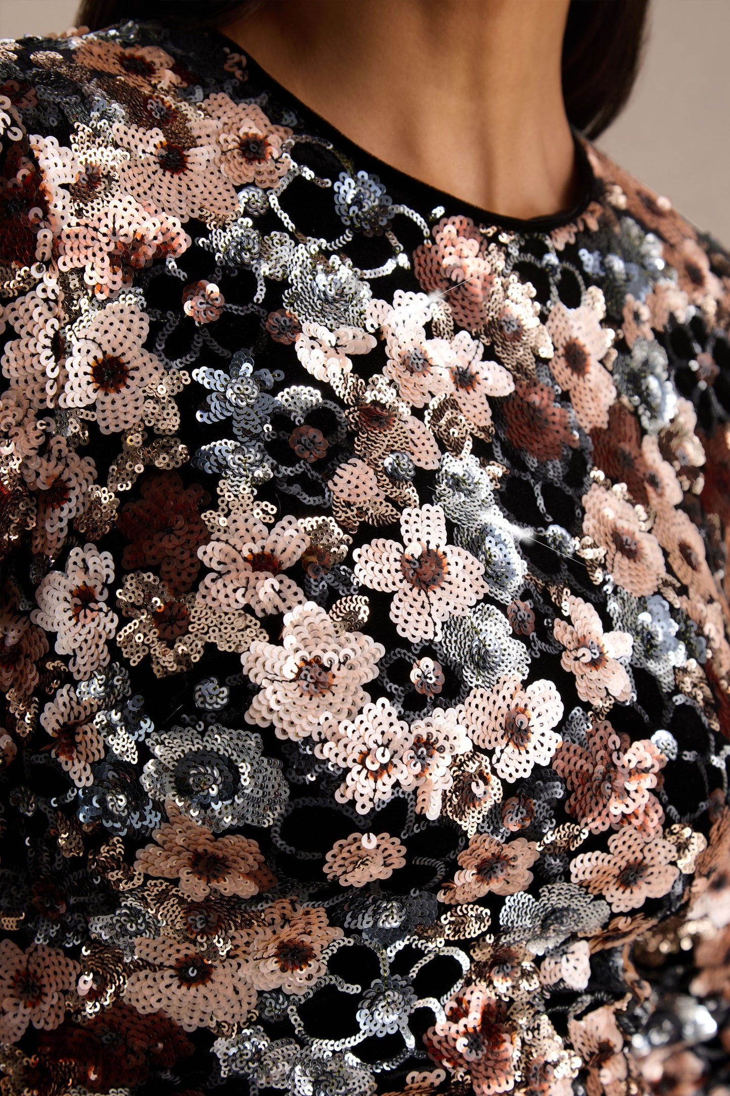 Adaline | Black Velvet & Embellished Sequin Floral Long-Sleeved Mini Dress