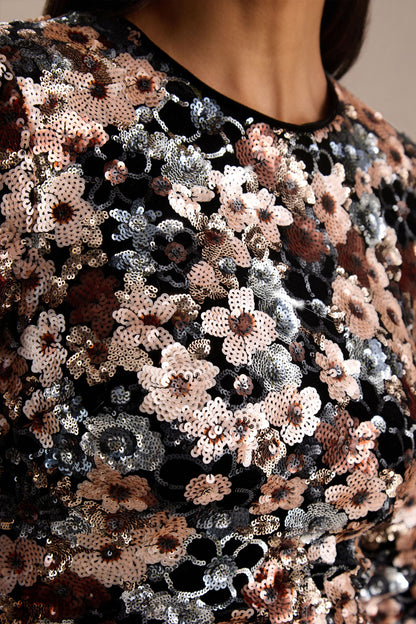 Adaline | Black Velvet & Embellished Sequin Floral Long-Sleeved Mini Dress
