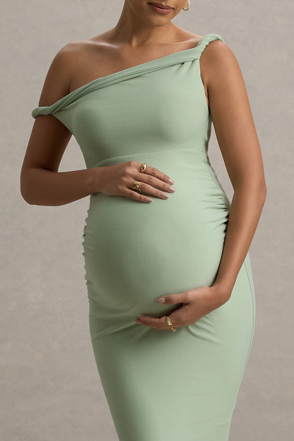 Salome | Light Green Twisted Asymmetric Maternity Midi Dress