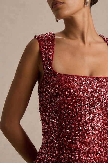 Elettra | Burgundy Sequin Square-Neck Mini Dress