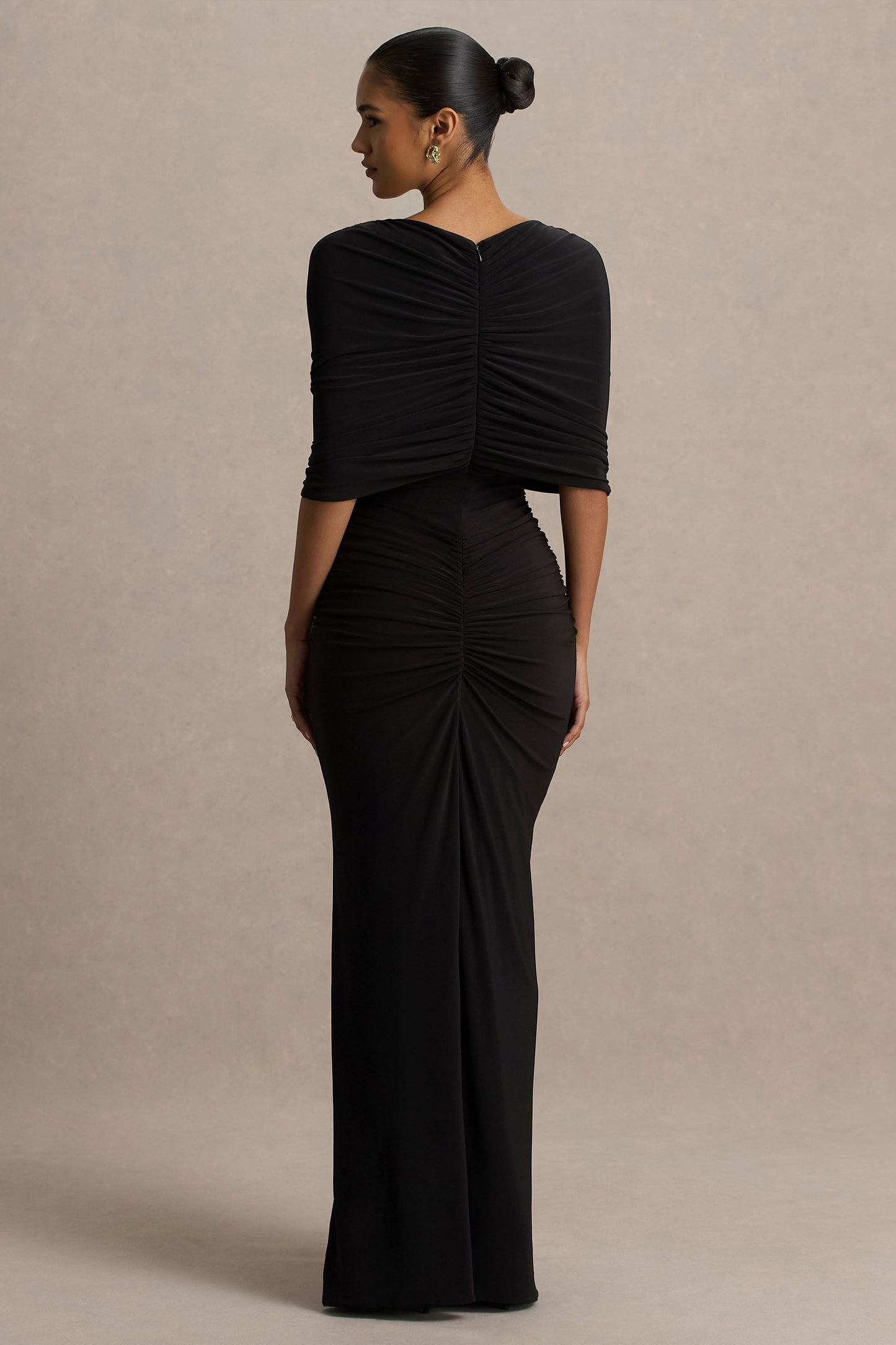 Zinnie | Black Cape-Sleeve Maxi Dress With Mesh Panel