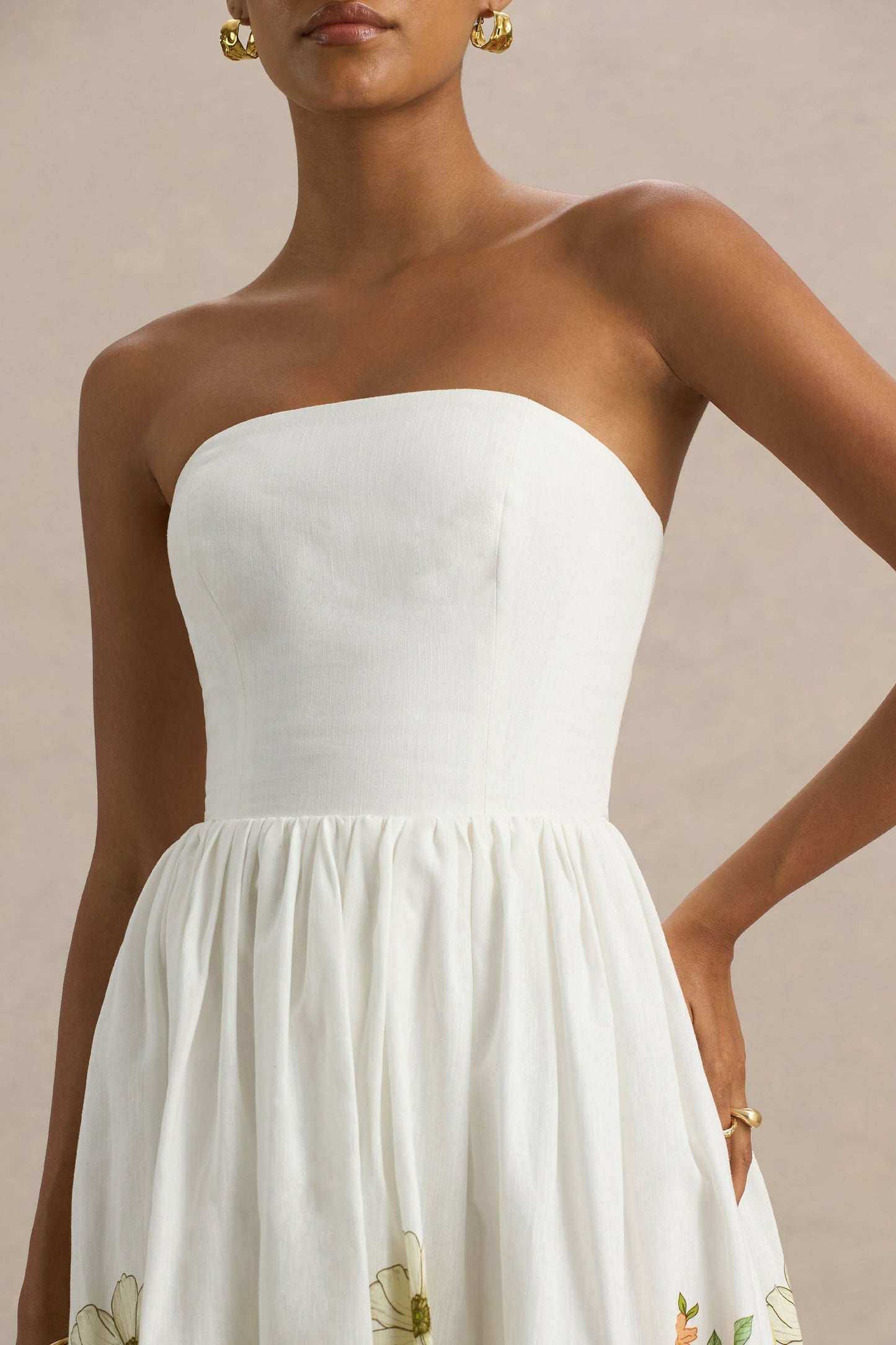 Ivory | Sunflower Print Bandeau High-Low Midi Dress