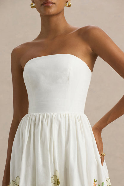 Ivory | Sunflower Print Bandeau High-Low Midi Dress