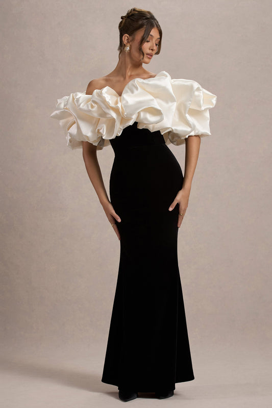 Cecily | Black Velvet Bardot Maxi Dress With Satin Ruffle Trim