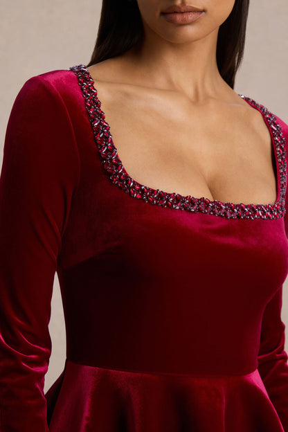 Beloved | Red Velvet Hand-Embellished Square-Neck Mini Dress