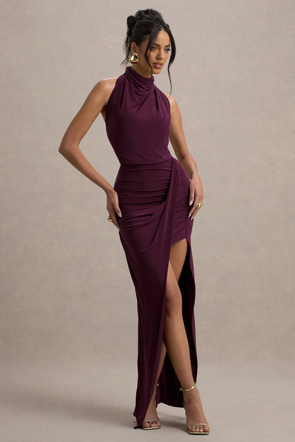 Hayden | Burgundy High-Neck Draped Split Maxi Dress