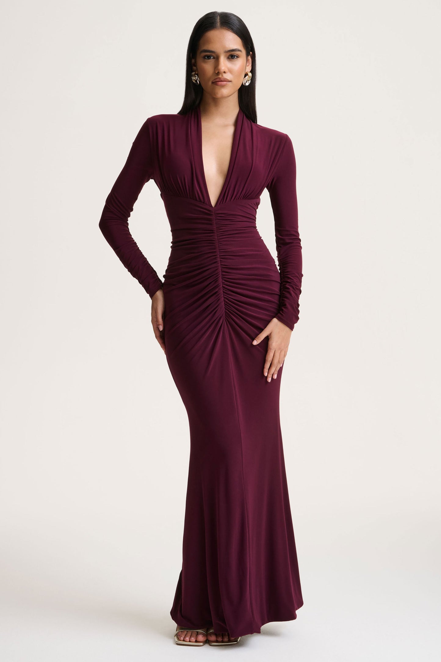 Tami | Plum Plunge-Neck Long Sleeve Maxi Dress
