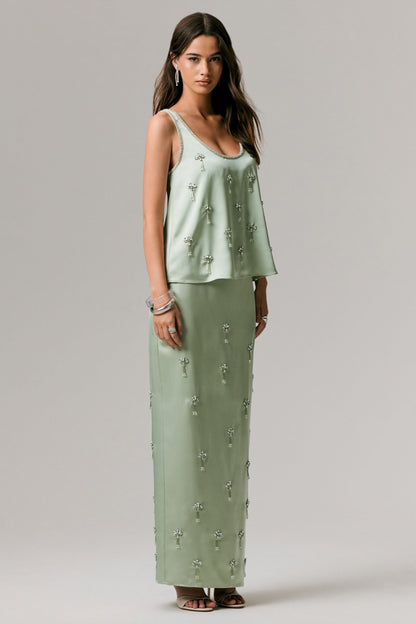 Lena | Mint Satin Embellished Maxi Skirt