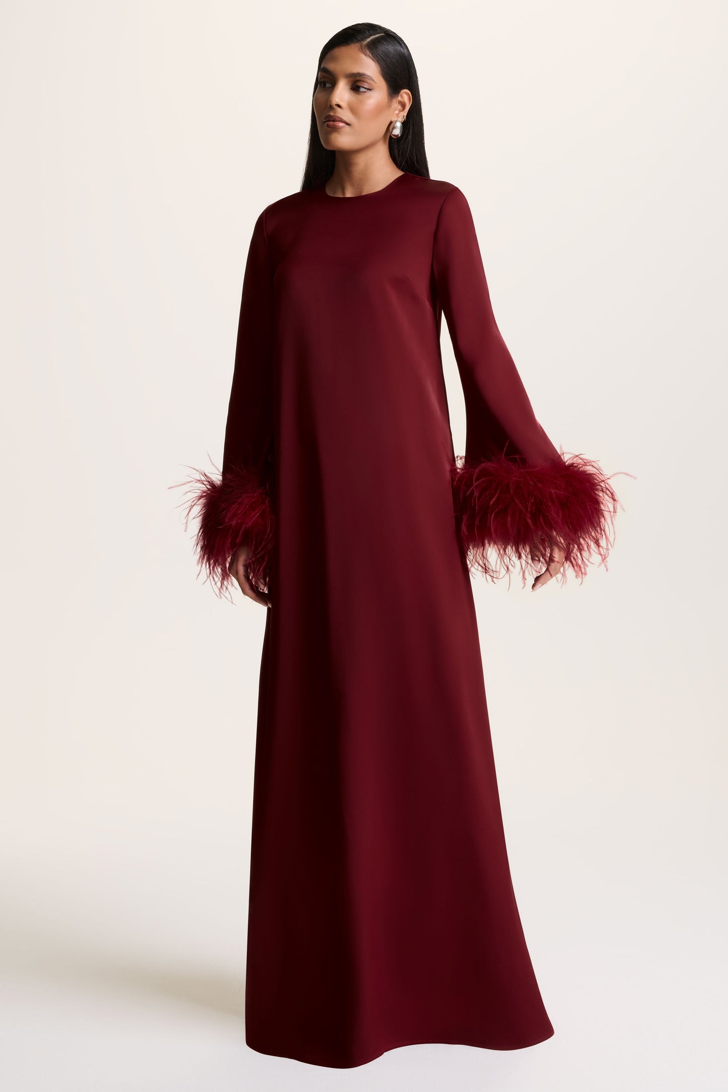 Adella | Burgundy Satin Feather-Trim Maxi Dress