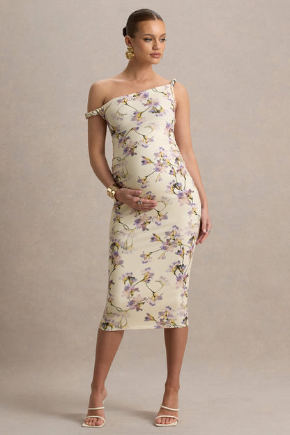 Salome | Lemon Floral Print Floral Print Twisted Asymmetric Maternity Midi Dress