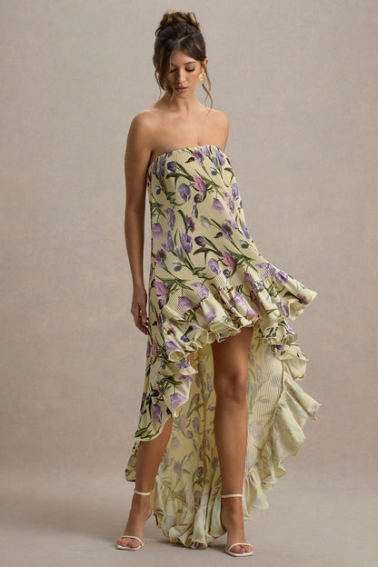 Whistler | Tulip Floral Print Chiffon Bandeau High-Low Ruffled Maxi Dress
