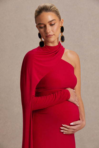 Tessy | Red Asymmetric-Neck Maternity Maxi Dress With Cape-Sleeve
