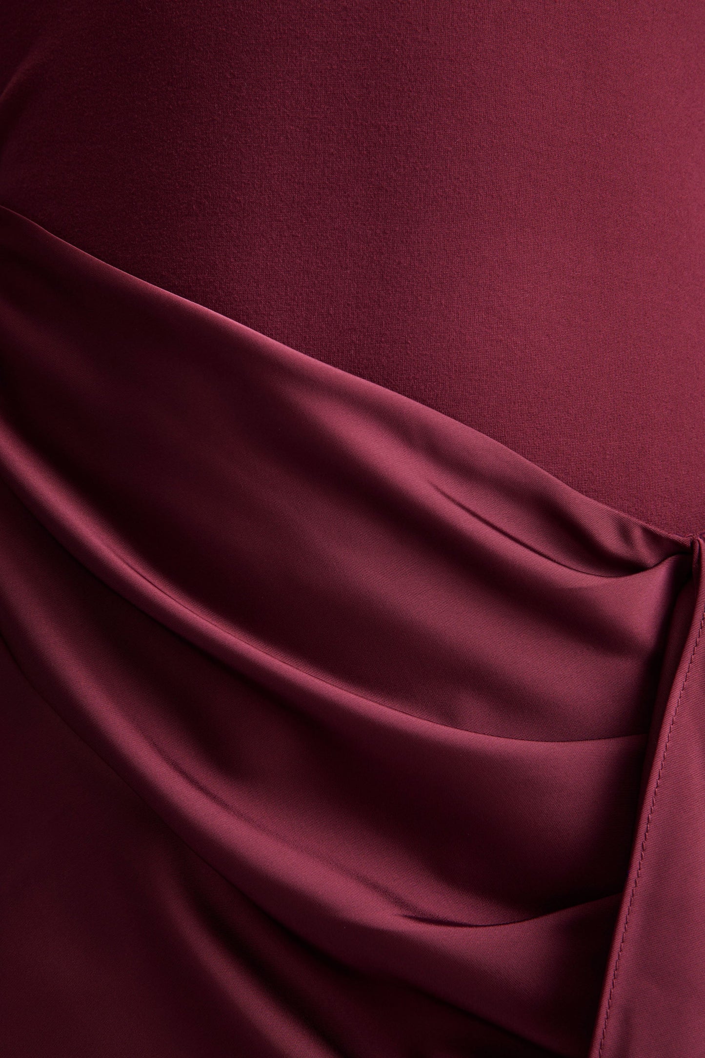 Starred | Burgundy Crew-Neck Maxi Dress With Drop-Waist And Satin Wrap-Skirt