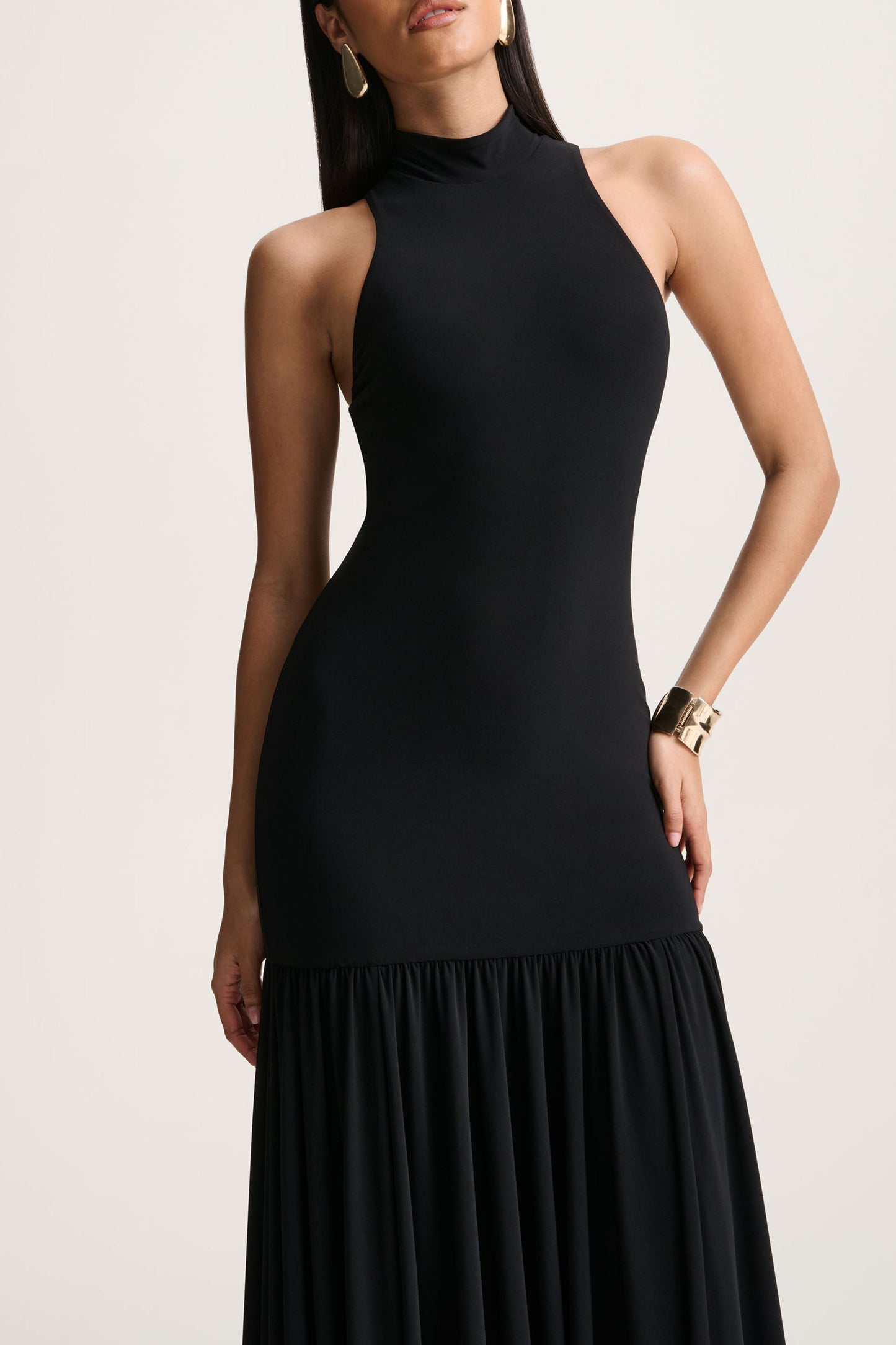 Tasmin | Black High-Neck Maxi Dress With Drop-Waist