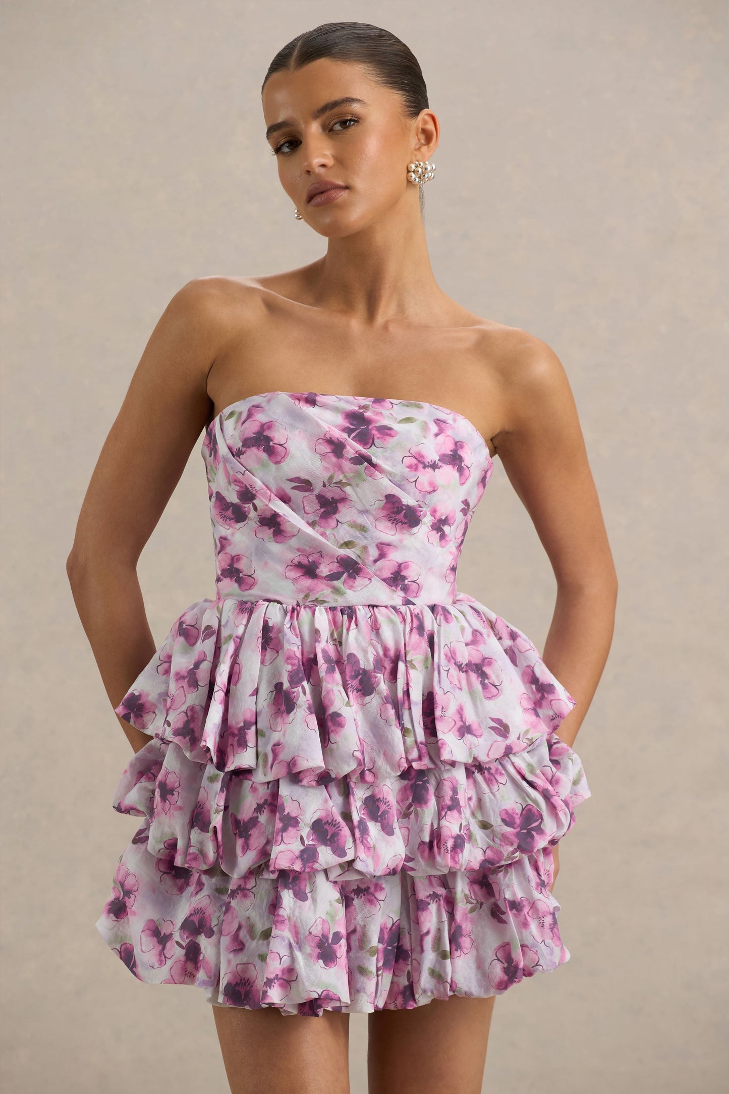 Swirl | Cream Floral Print Bandeau Puffball Mini Dress With Ruffle Detail