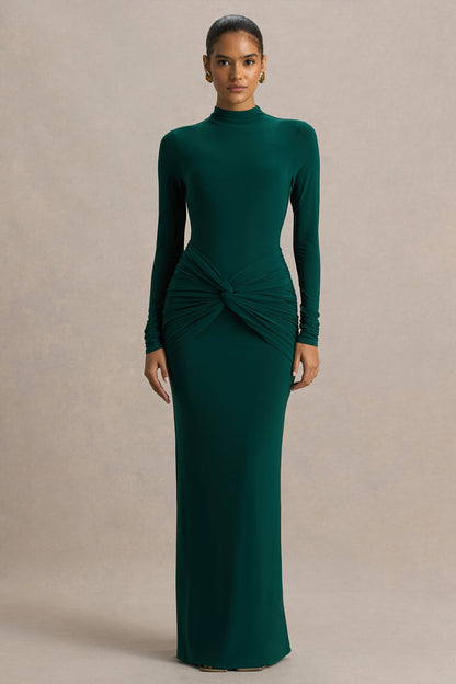 Alula | Bottle Green High-Neck Maxi Dress With Twist Detail