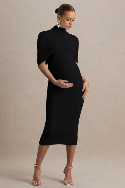 Augustina | Black Maternity Midi Dress With Cape