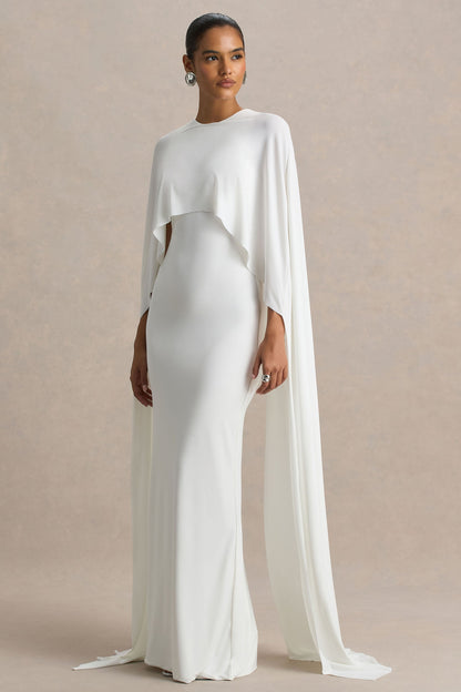 Padma | White Draped Maxi Dress With Cape Sleeves