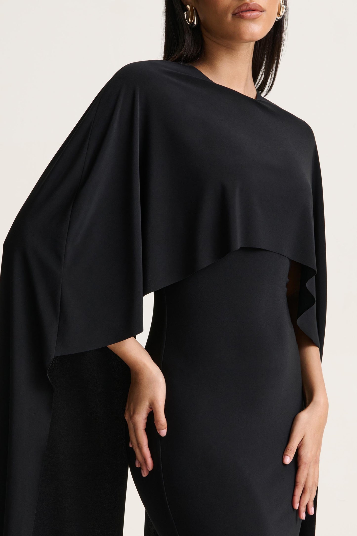 Kalani | Black Crew-Neck Midi Dress With Cape-Sleeves