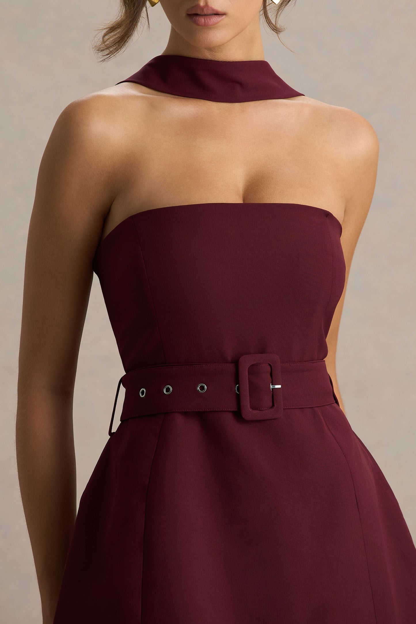 Timberly | Burgundy High-Neck Tailored Micro-Mini Dress