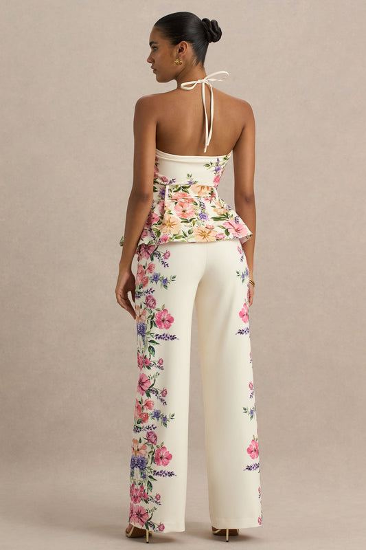 Solana | White Floral Border Print Wide-Leg Trousers