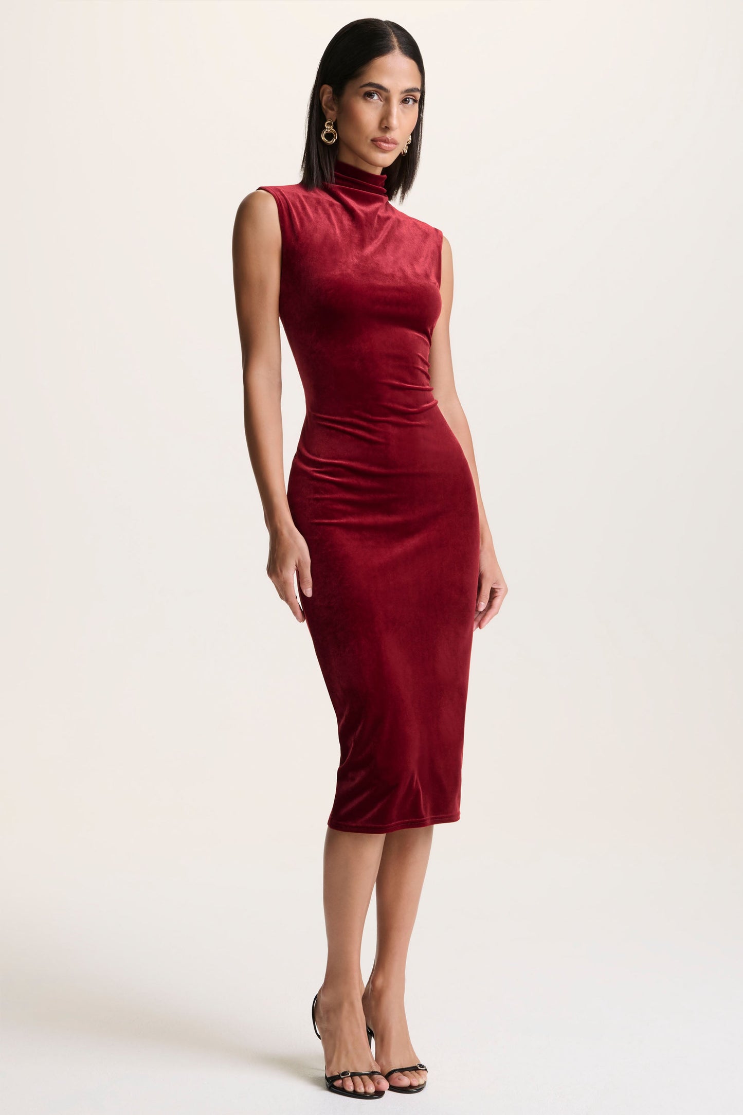 Nivina | Red Velvet High-Neck Midi Dress With Cap-Sleeves