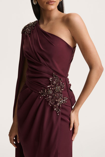 Solace | Dark Plum Asymmetric-Neck Maxi Dress With Front-High Split