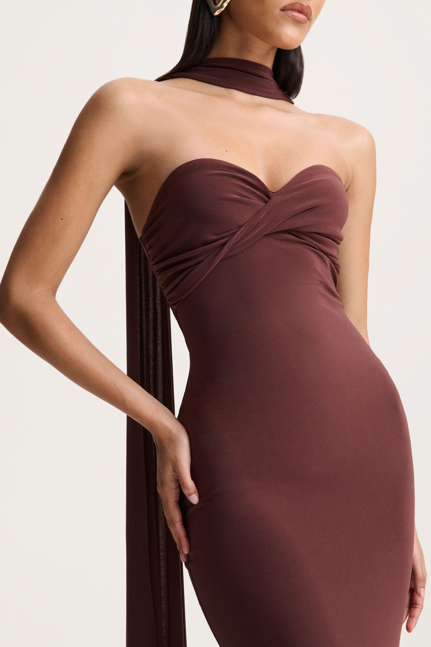 Sheila | Dark Brown Bandeau Maxi Dress With Scarf Detail