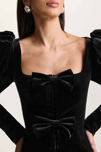 Suzu | Black Velvet Puff-Sleeve Top With Bows