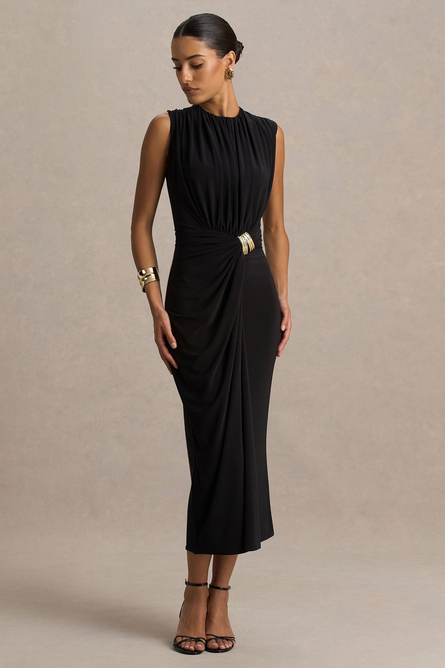Harlow | Black Crew-Neck Wrapped Midi Dress