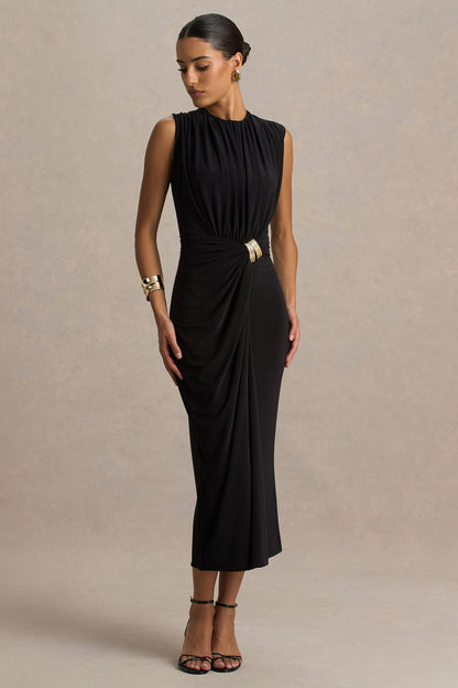 Harlow | Black Crew-Neck Wrapped Midi Dress