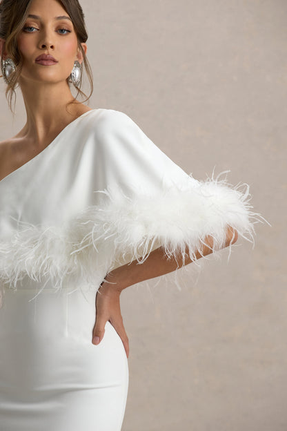 Valor | White Asymmetric Maxi Dress With Feather Trim