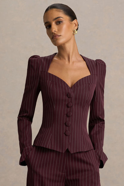Lana | Burgundy Pinstripe Woven Sweetheart-Neck Tailored Top