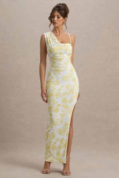 Sitara | Lemon Porcelain Print Cowl-Neck Maxi Dress With Asymmetric Skirt