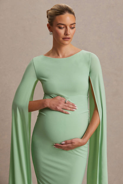 Providence | Light Green High-Neck Maternity Midi Dress With Cape Sleeves