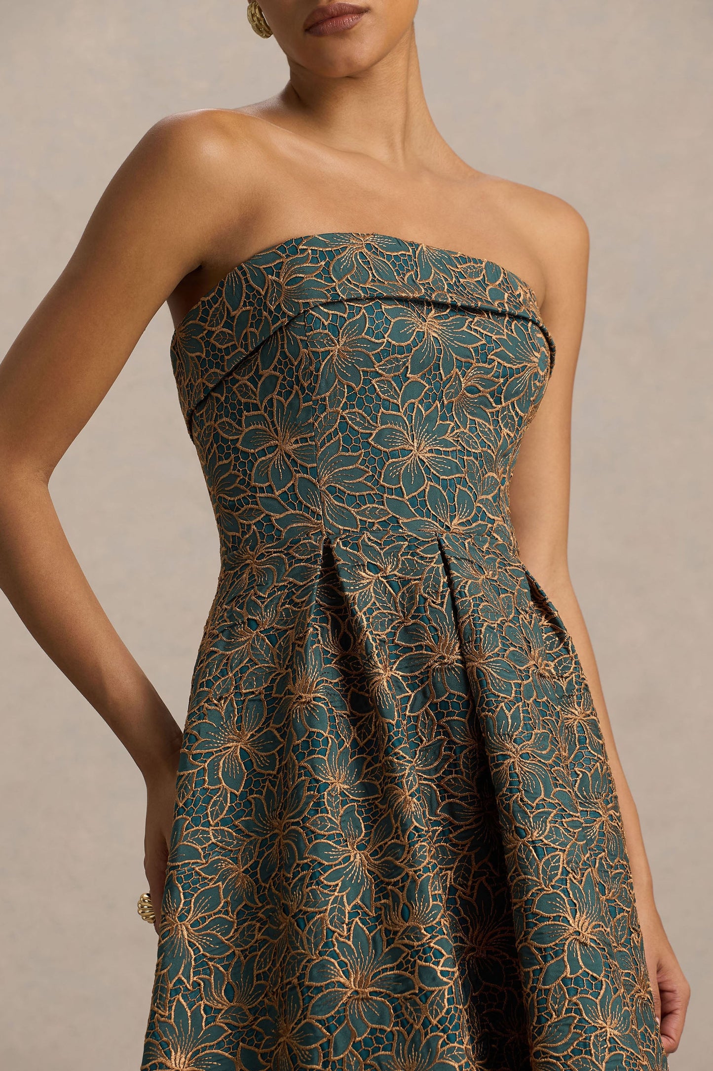 Loretta | Dark Green And Rust Embroidered Bandeau Midi Dress
