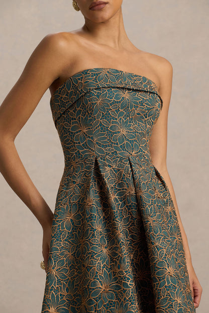 Loretta | Dark Green And Rust Embroidered Bandeau Midi Dress