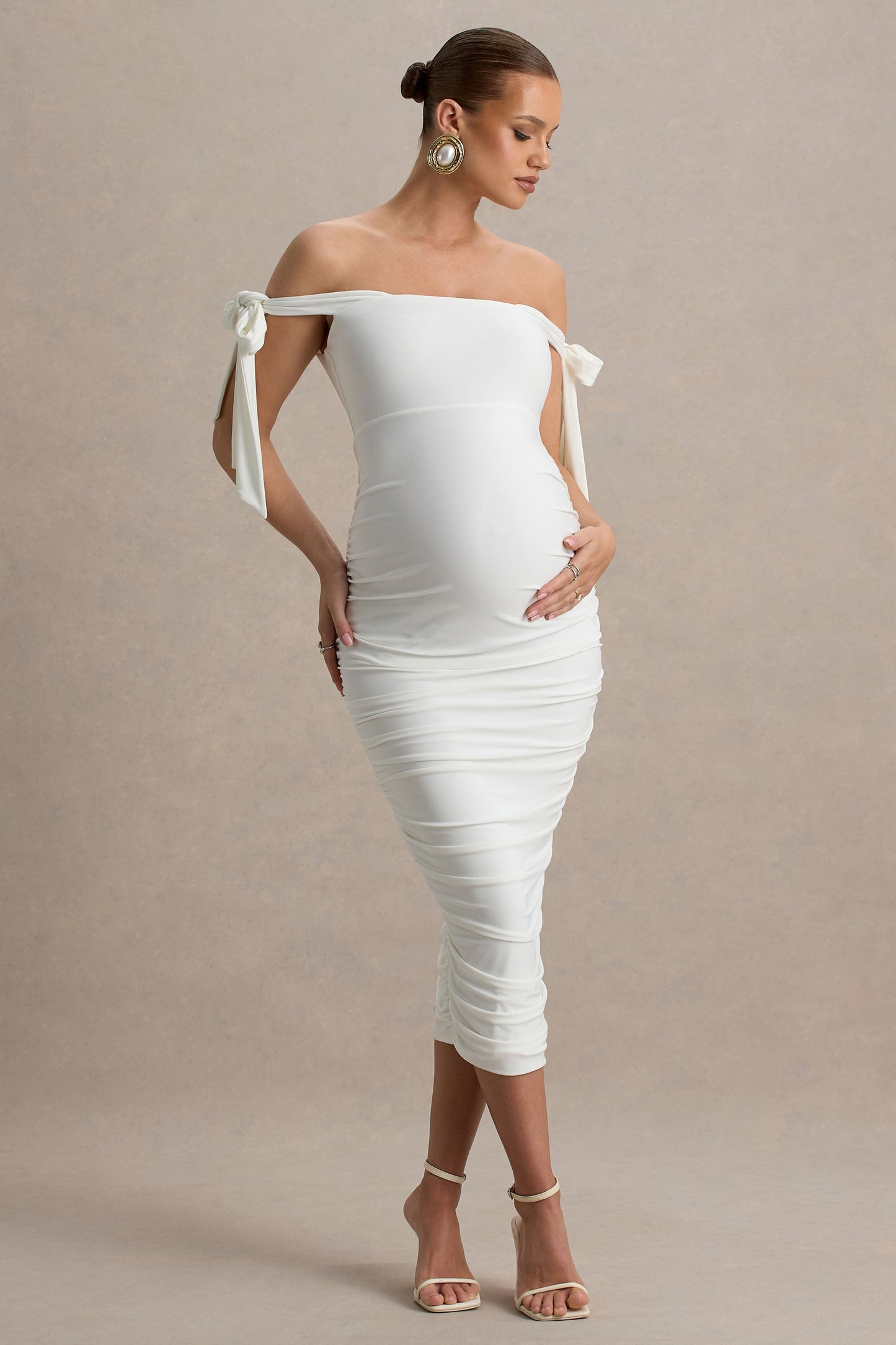 Chandelier | White Bardot Maternity Midi Dress With Bow Details