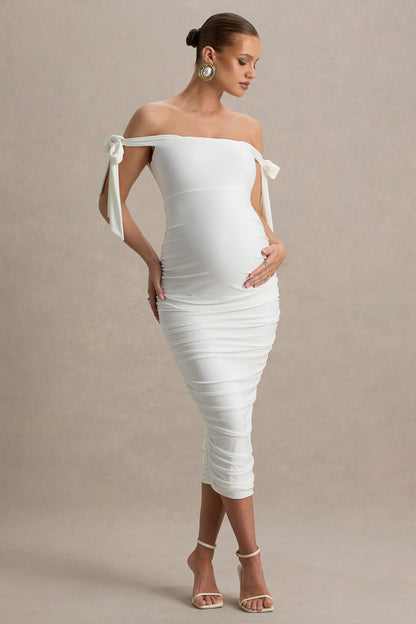 Chandelier | White Bardot Maternity Midi Dress With Bow Details
